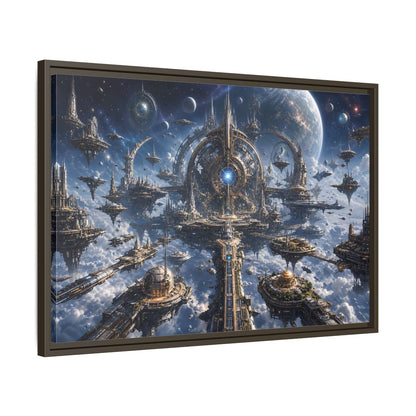 Side Mockup 11. Science Fiction Space City Blue Space City shown as stretched canvas wall art