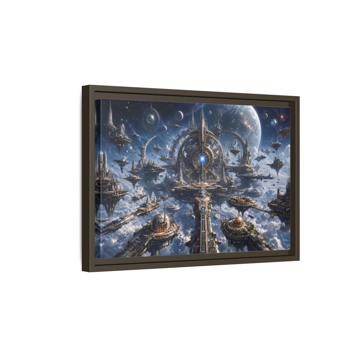 Side Mockup 5. Science Fiction Space City Blue Space City shown as stretched canvas wall art