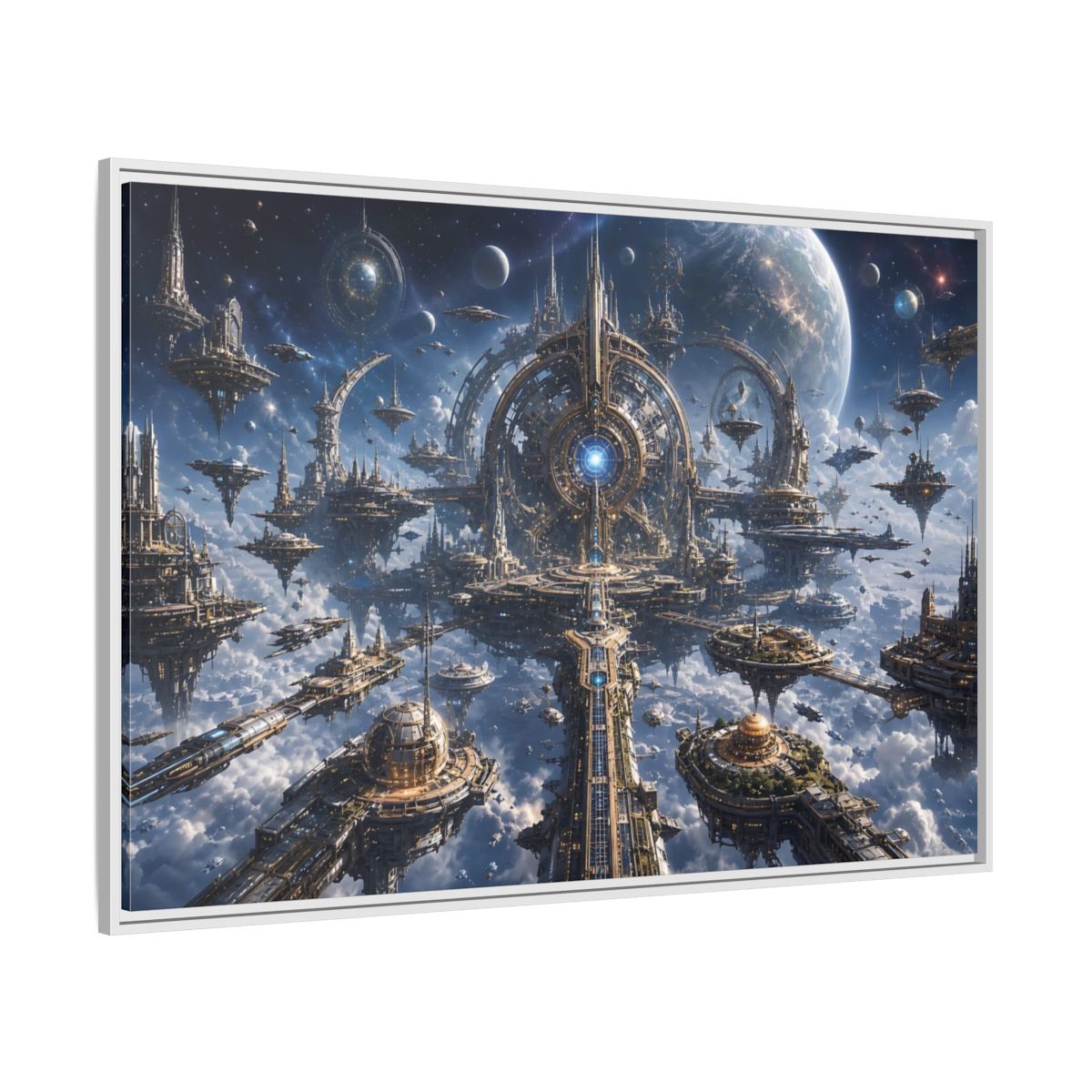 Side Mockup 7. Science Fiction Space City Blue Space City shown as stretched canvas wall art