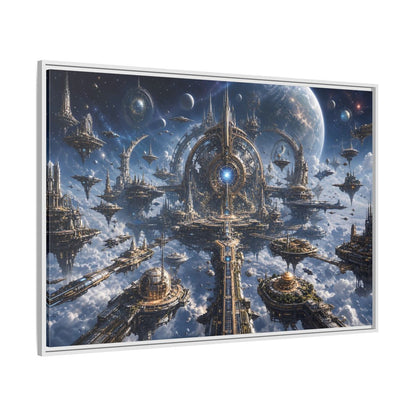 Side Mockup 7. Science Fiction Space City Blue Space City shown as stretched canvas wall art