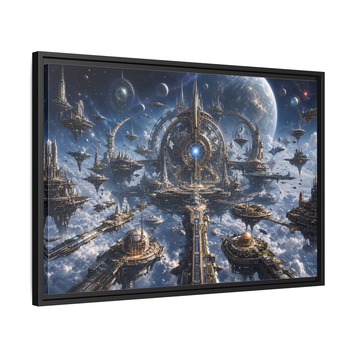 Side Mockup 14. Science Fiction Space City Blue Space City shown as stretched canvas wall art