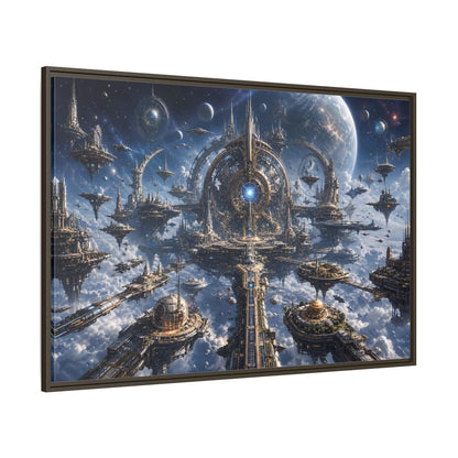 Side Mockup 8. Science Fiction Space City Blue Space City shown as stretched canvas wall art