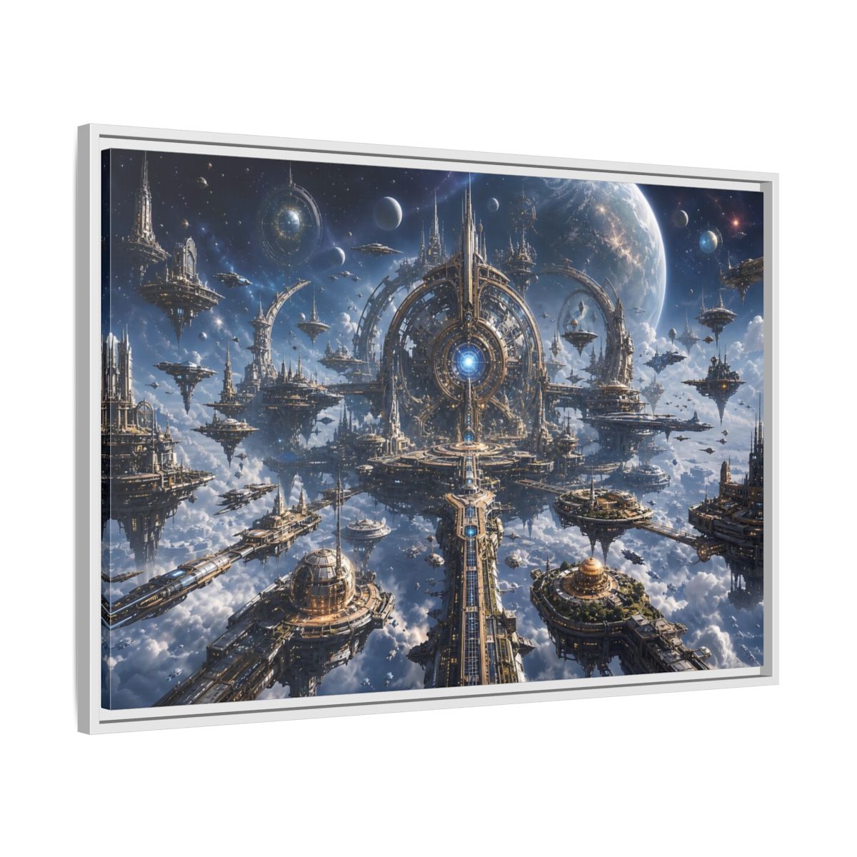 Side Mockup 9. Science Fiction Space City Blue Space City shown as stretched canvas wall art