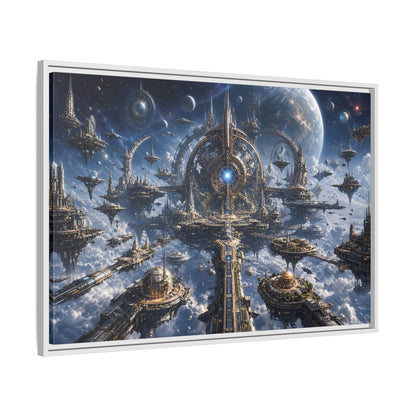 Side Mockup 9. Science Fiction Space City Blue Space City shown as stretched canvas wall art