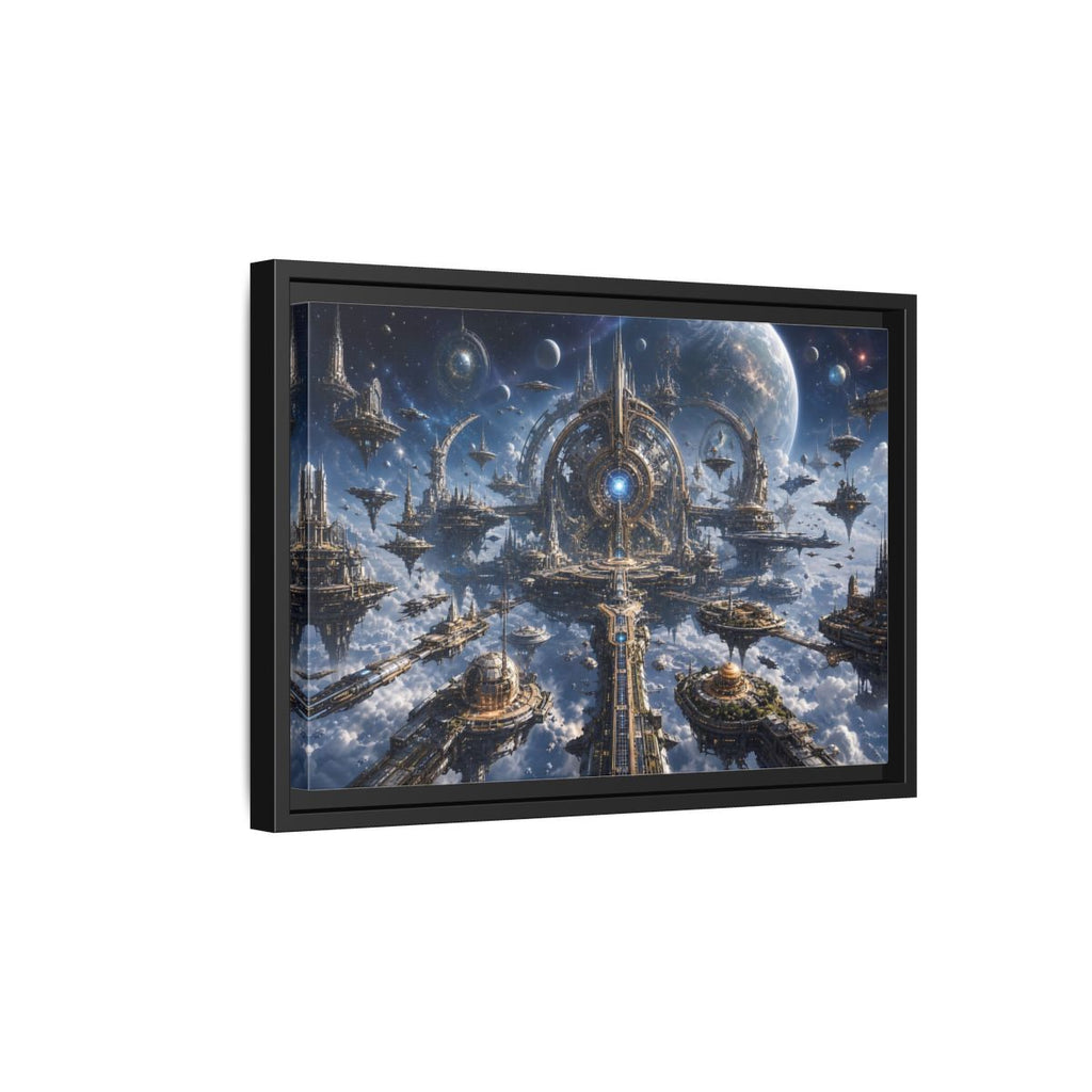 Side Mockup 6. Science Fiction Space City Blue Space City shown as stretched canvas wall art