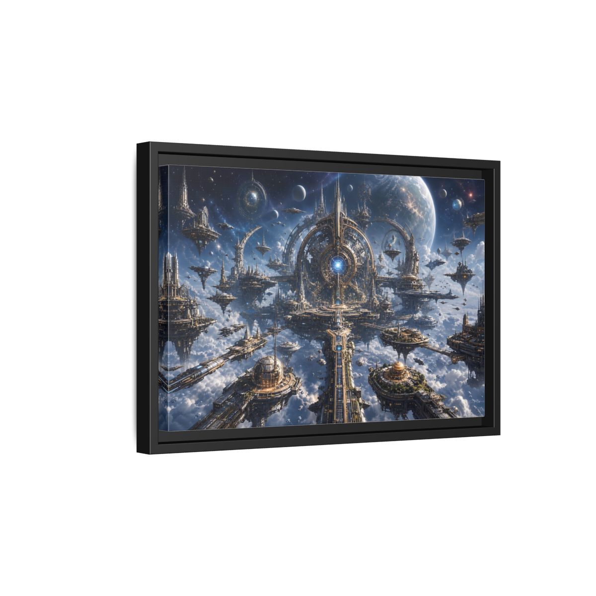 Side Mockup 6. Science Fiction Space City Blue Space City shown as stretched canvas wall art