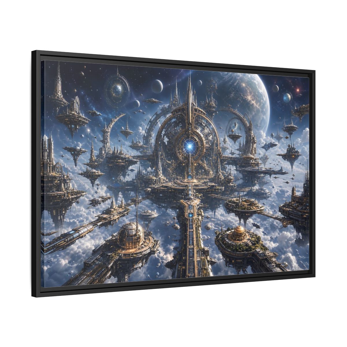 Side Mockup 13. Science Fiction Space City Blue Space City shown as stretched canvas wall art