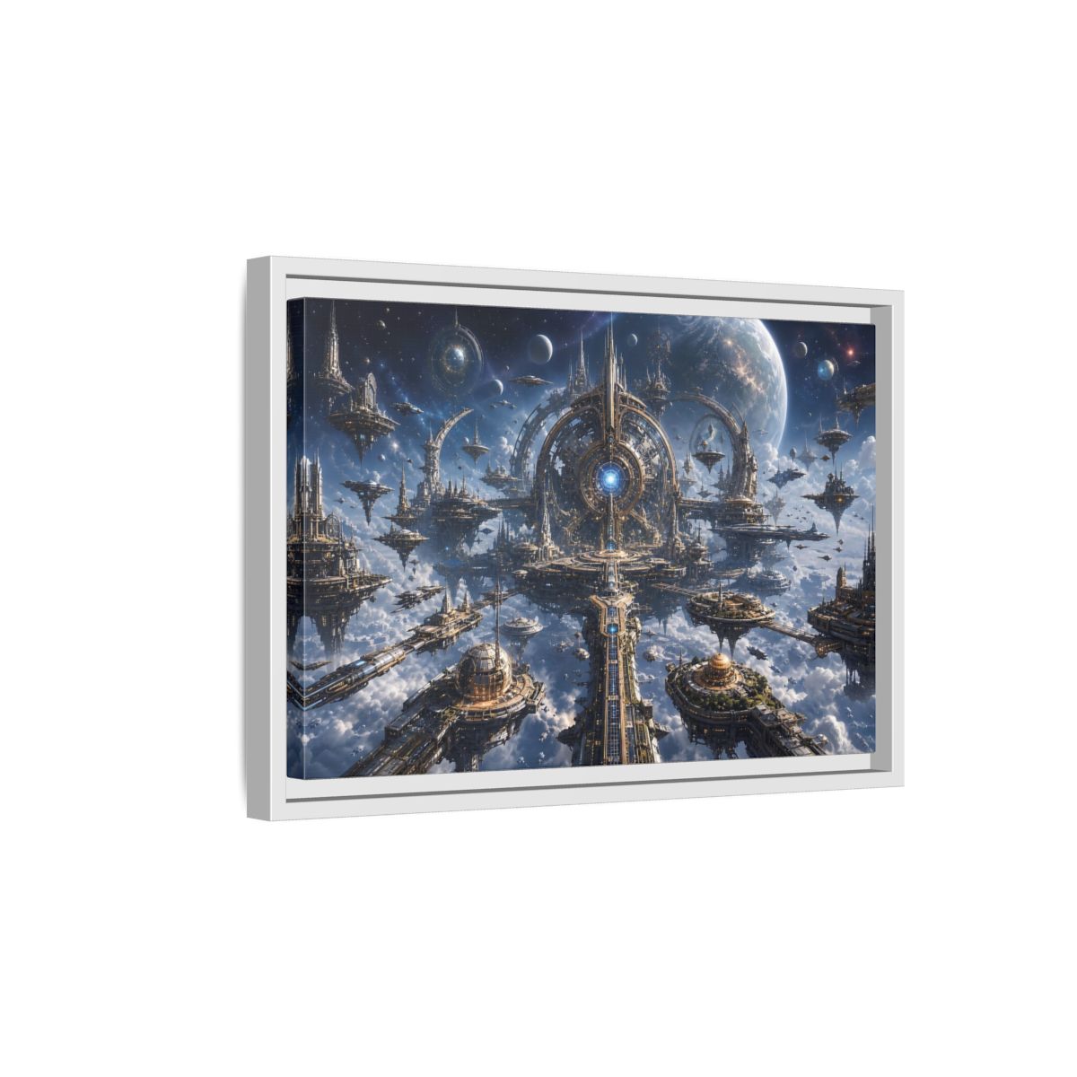 Side Mockup 4. Science Fiction Space City Blue Space City shown as stretched canvas wall art