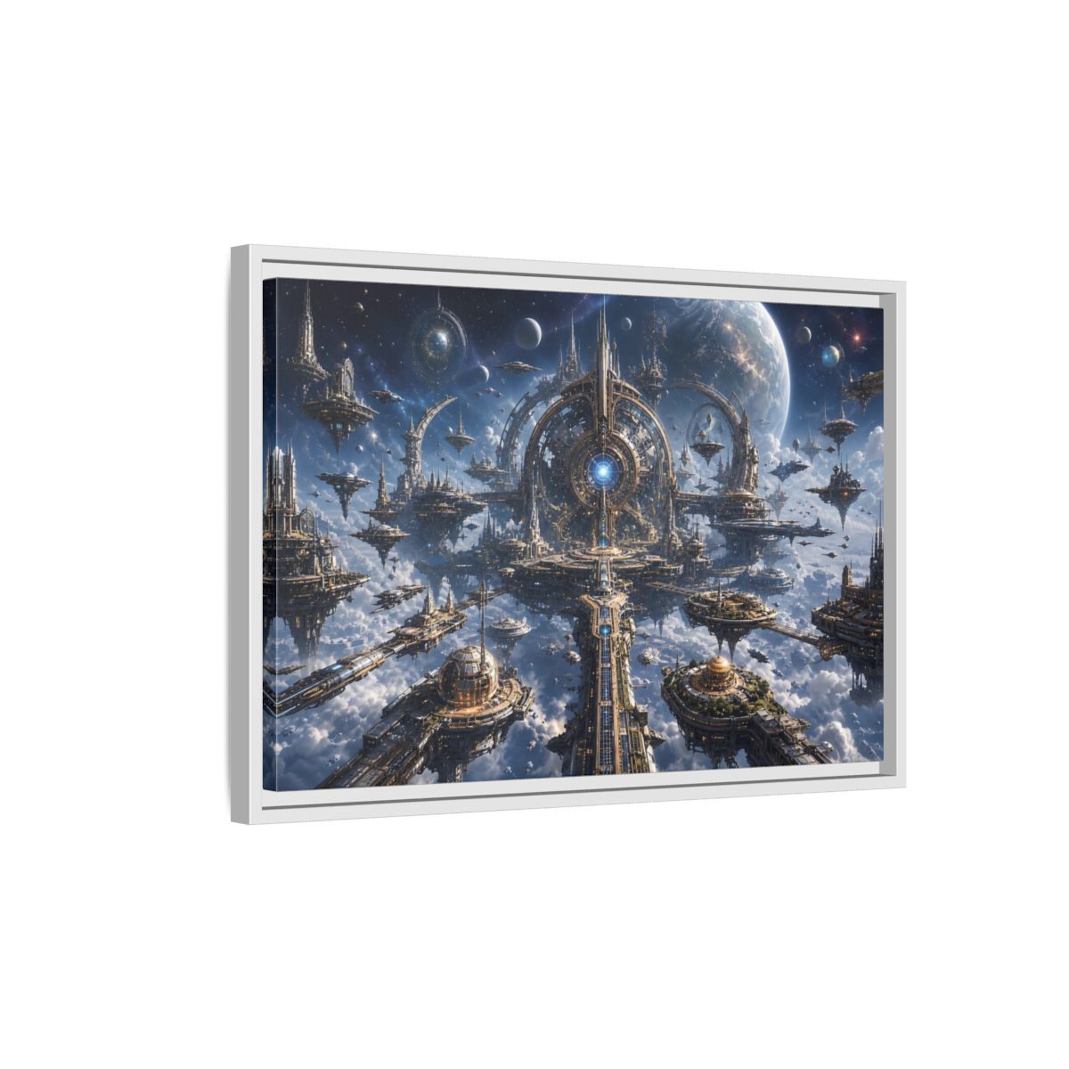 Side Mockup 1. Science Fiction Space City Blue Space City shown as stretched canvas wall art