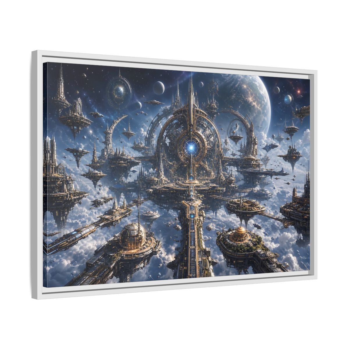 Side Mockup 10. Science Fiction Space City Blue Space City shown as stretched canvas wall art