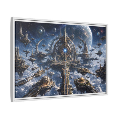 Side Mockup 10. Science Fiction Space City Blue Space City shown as stretched canvas wall art