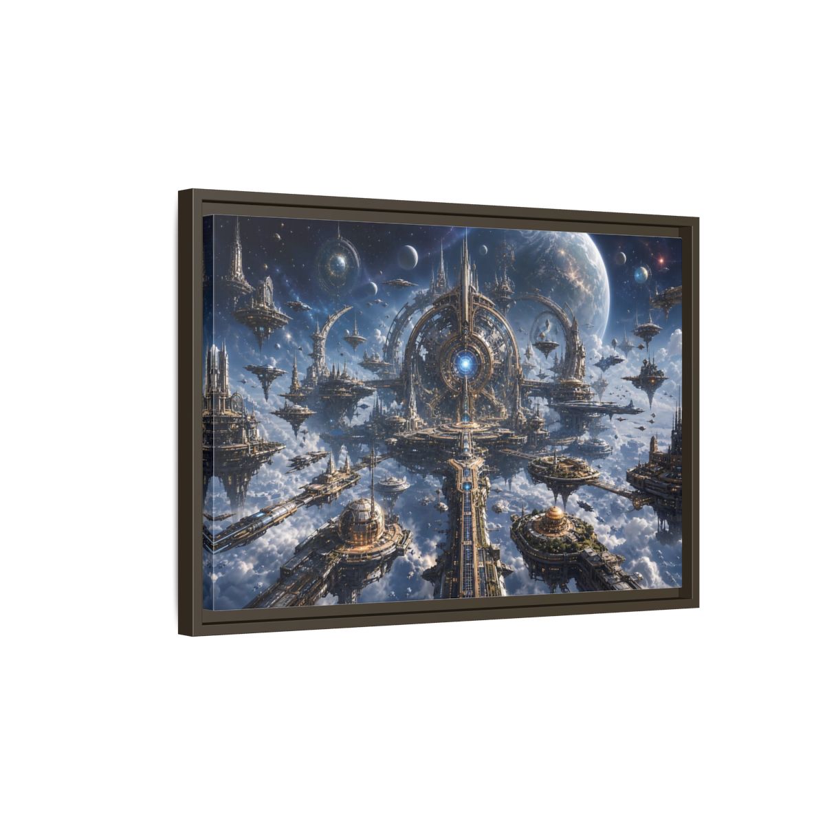 Side Mockup 2. Science Fiction Space City Blue Space City shown as stretched canvas wall art