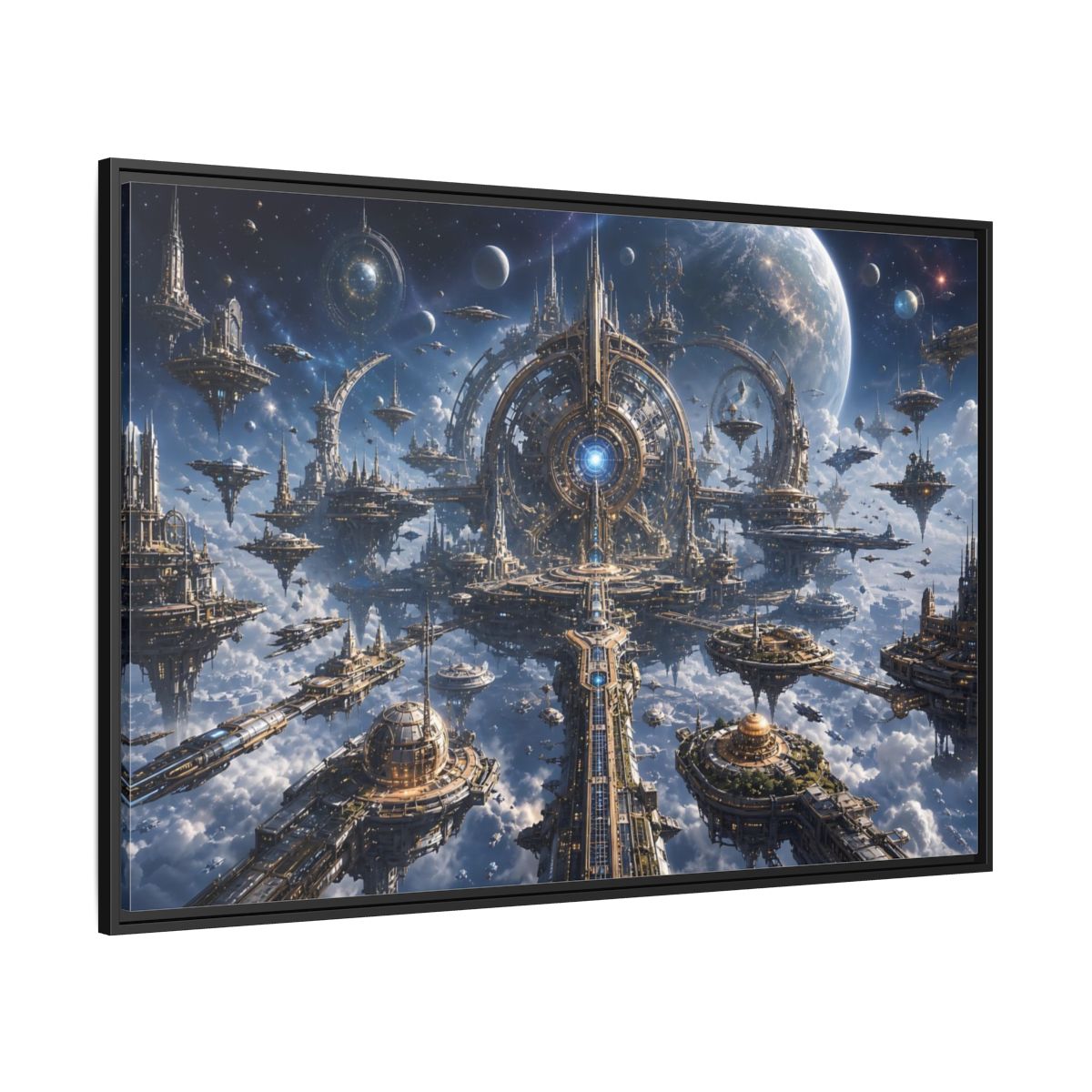 Side Mockup 12. Science Fiction Space City Blue Space City shown as stretched canvas wall art