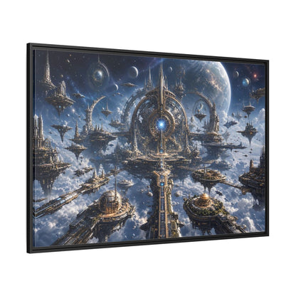 Side Mockup 12. Science Fiction Space City Blue Space City shown as stretched canvas wall art