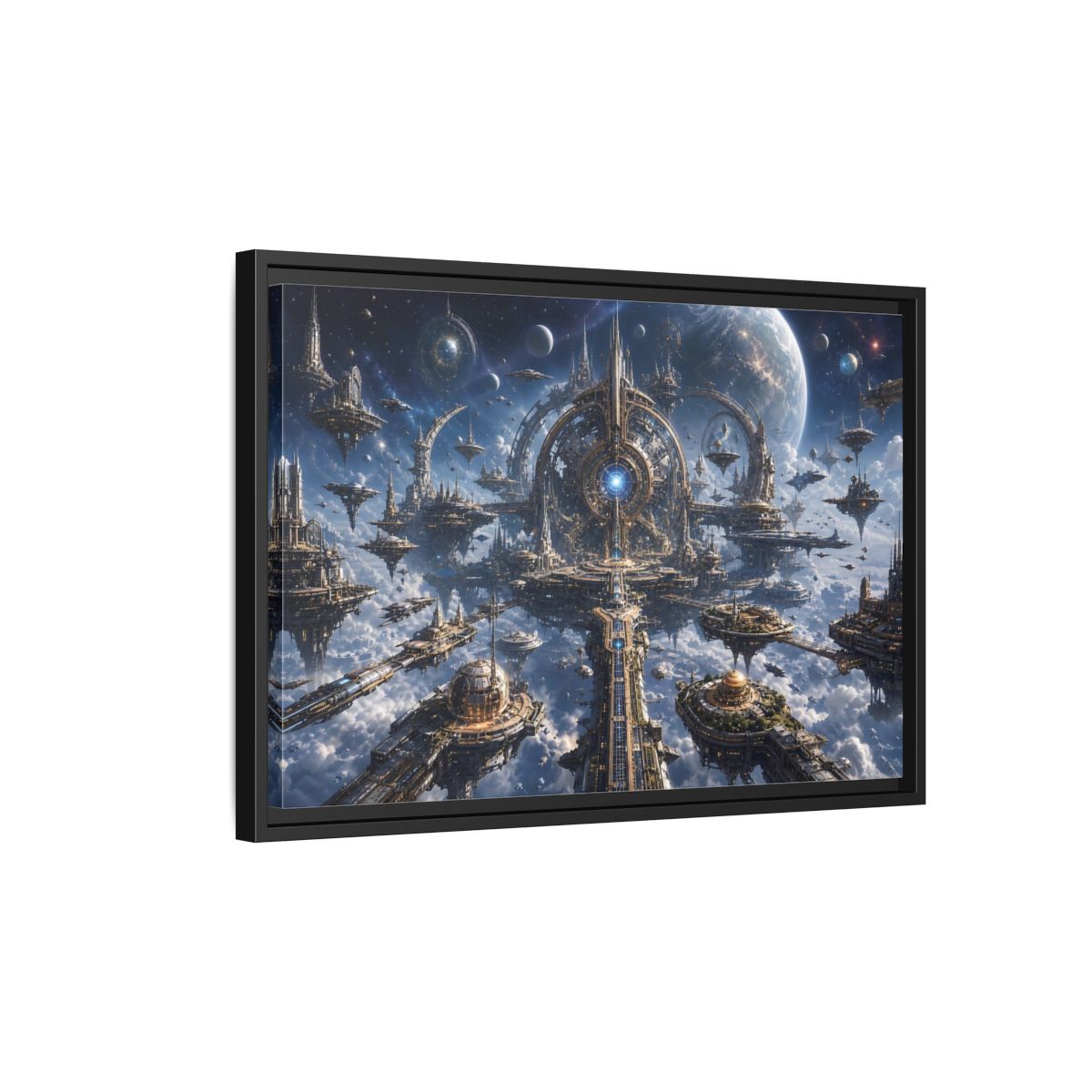 Side Mockup 3. Science Fiction Space City Blue Space City shown as stretched canvas wall art