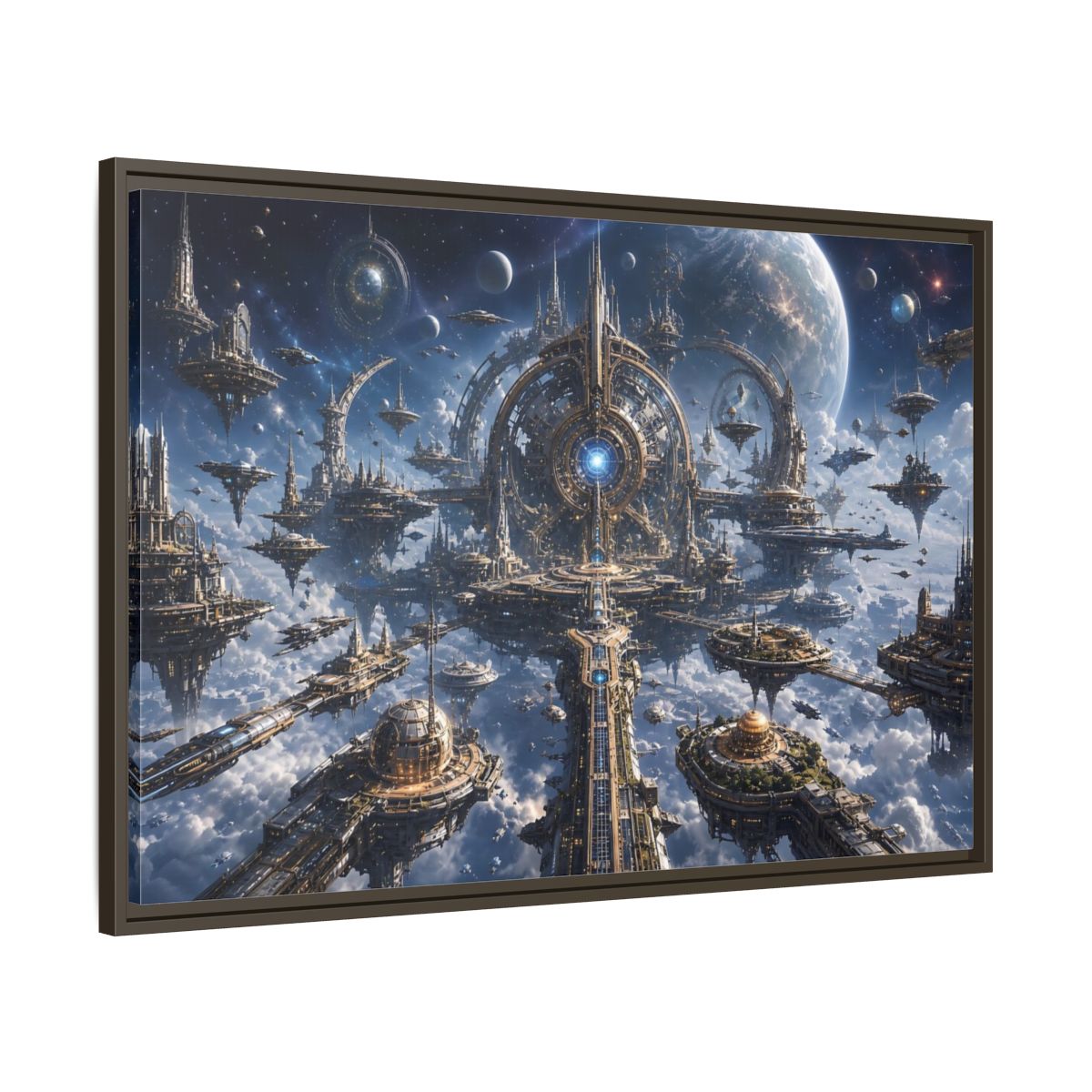 Main Mockup. Science Fiction Space City Blue Space City shown as stretched canvas wall art