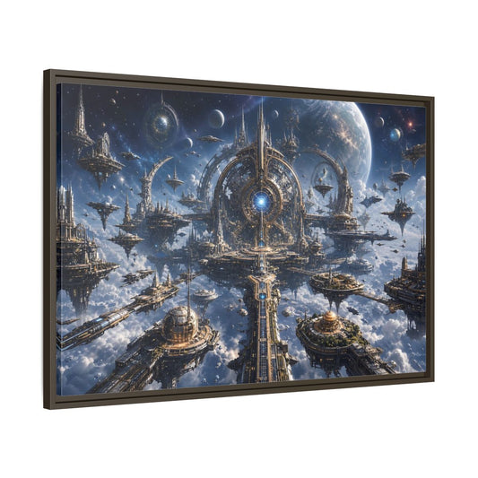 Main Mockup. Science Fiction Space City Blue Space City shown as stretched canvas wall art