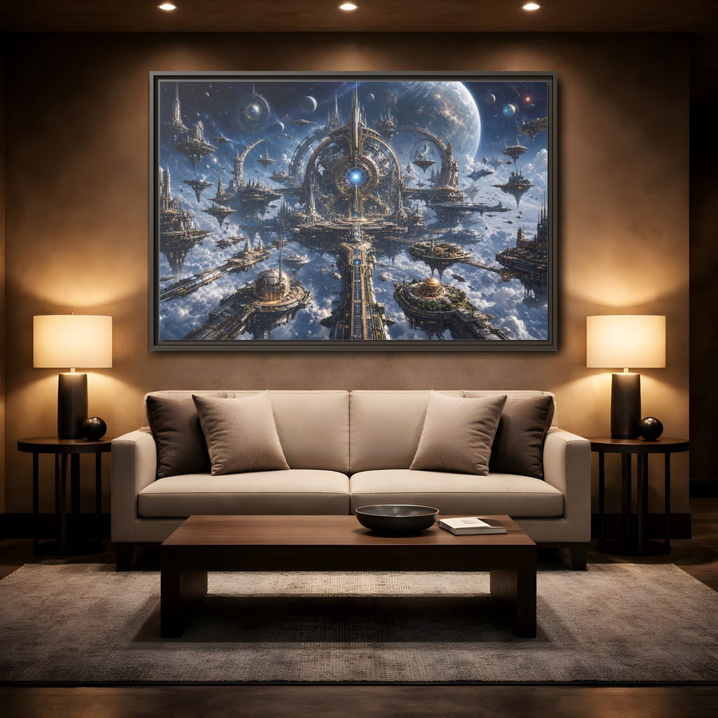 Mockup 2. Science Fiction Space City Blue Space City shown as stretched canvas wall art