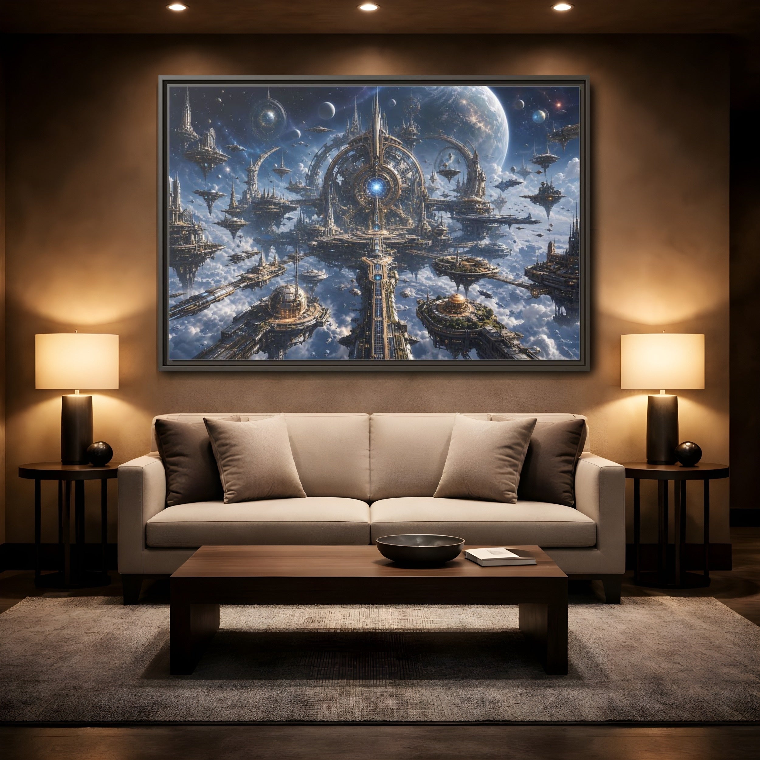 Mockup 2. Science Fiction Space City Blue Space City shown as stretched canvas wall art