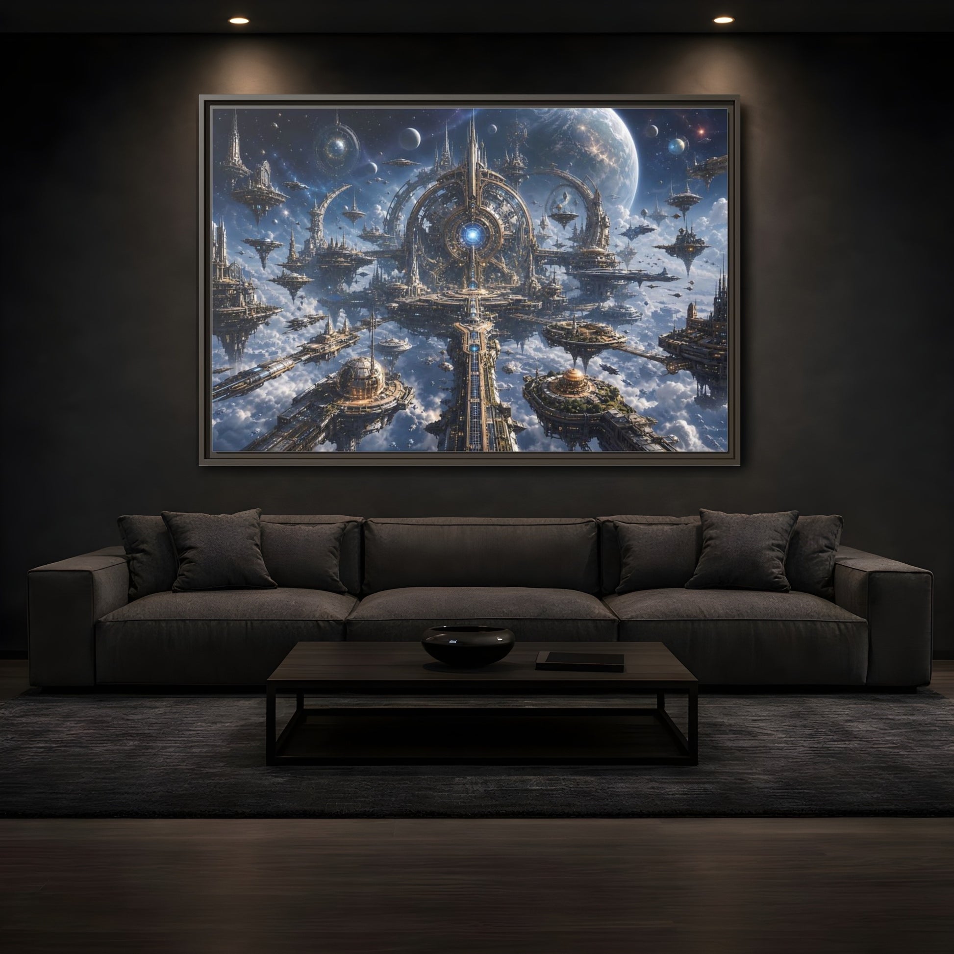 Mockup 3. Science Fiction Space City Blue Space City shown as stretched canvas wall art