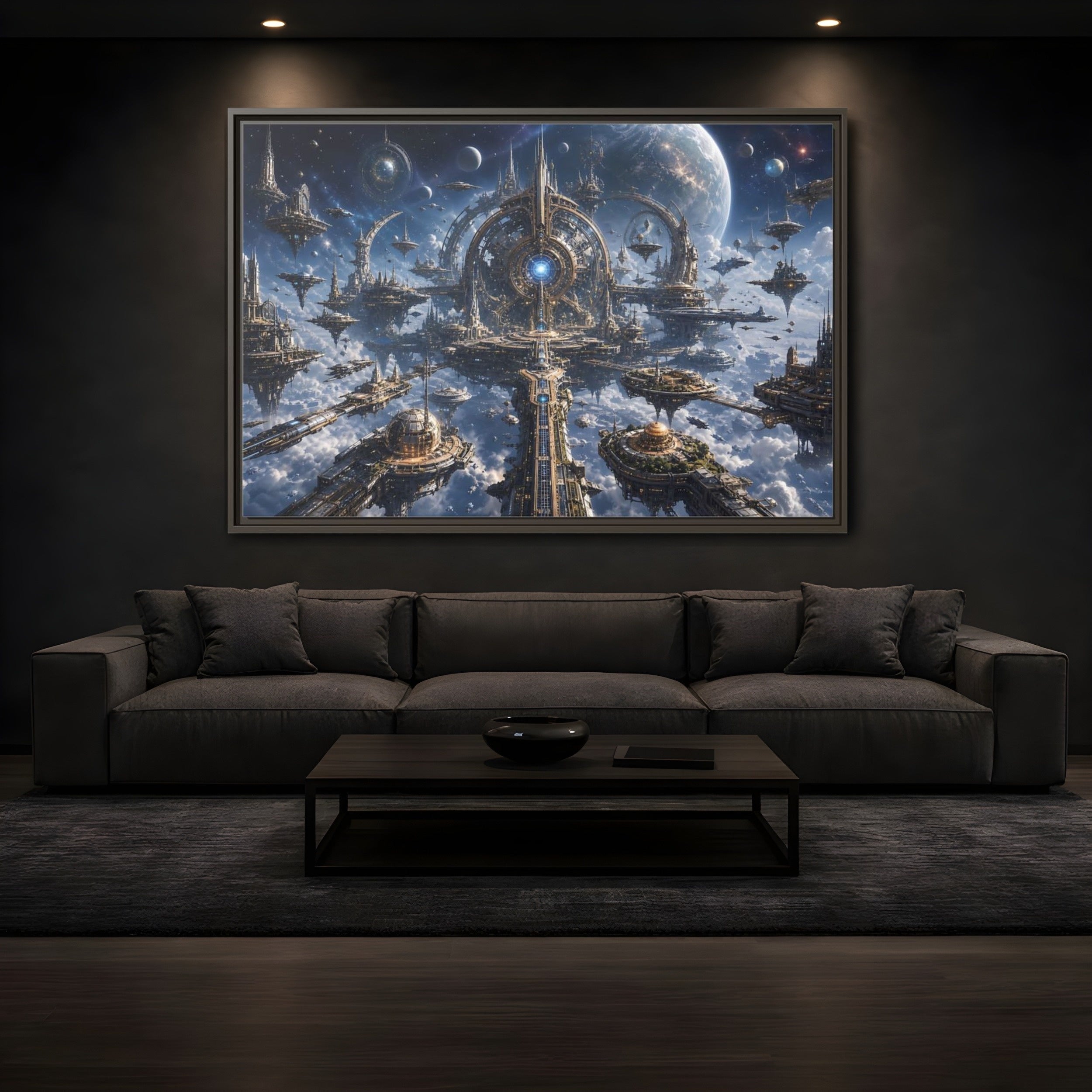 Mockup 3. Science Fiction Space City Blue Space City shown as stretched canvas wall art
