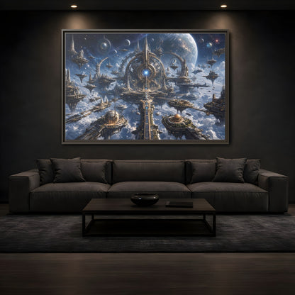 Mockup 3. Science Fiction Space City Blue Space City shown as stretched canvas wall art