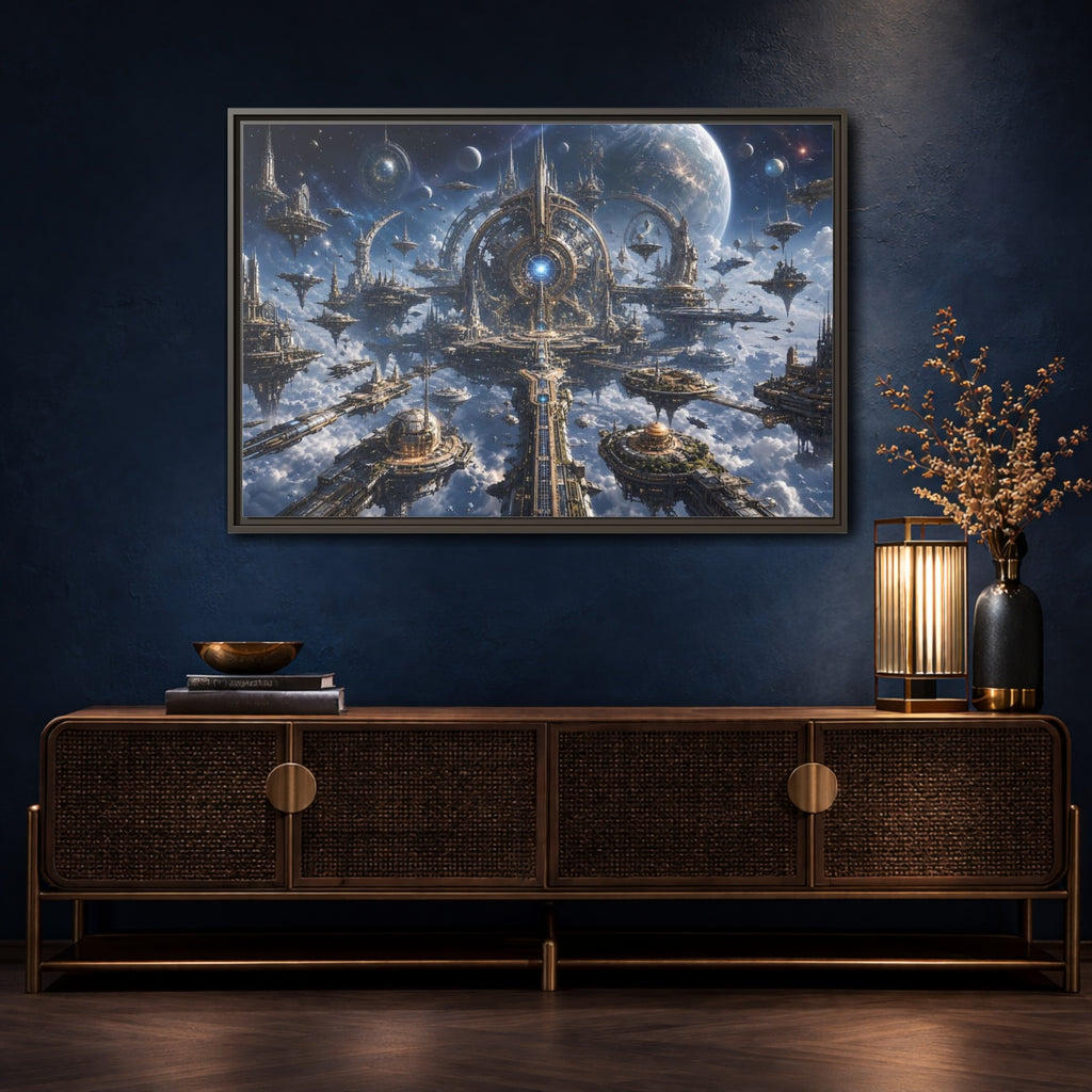 Mockup 4. Science Fiction Space City Blue Space City shown as stretched canvas wall art