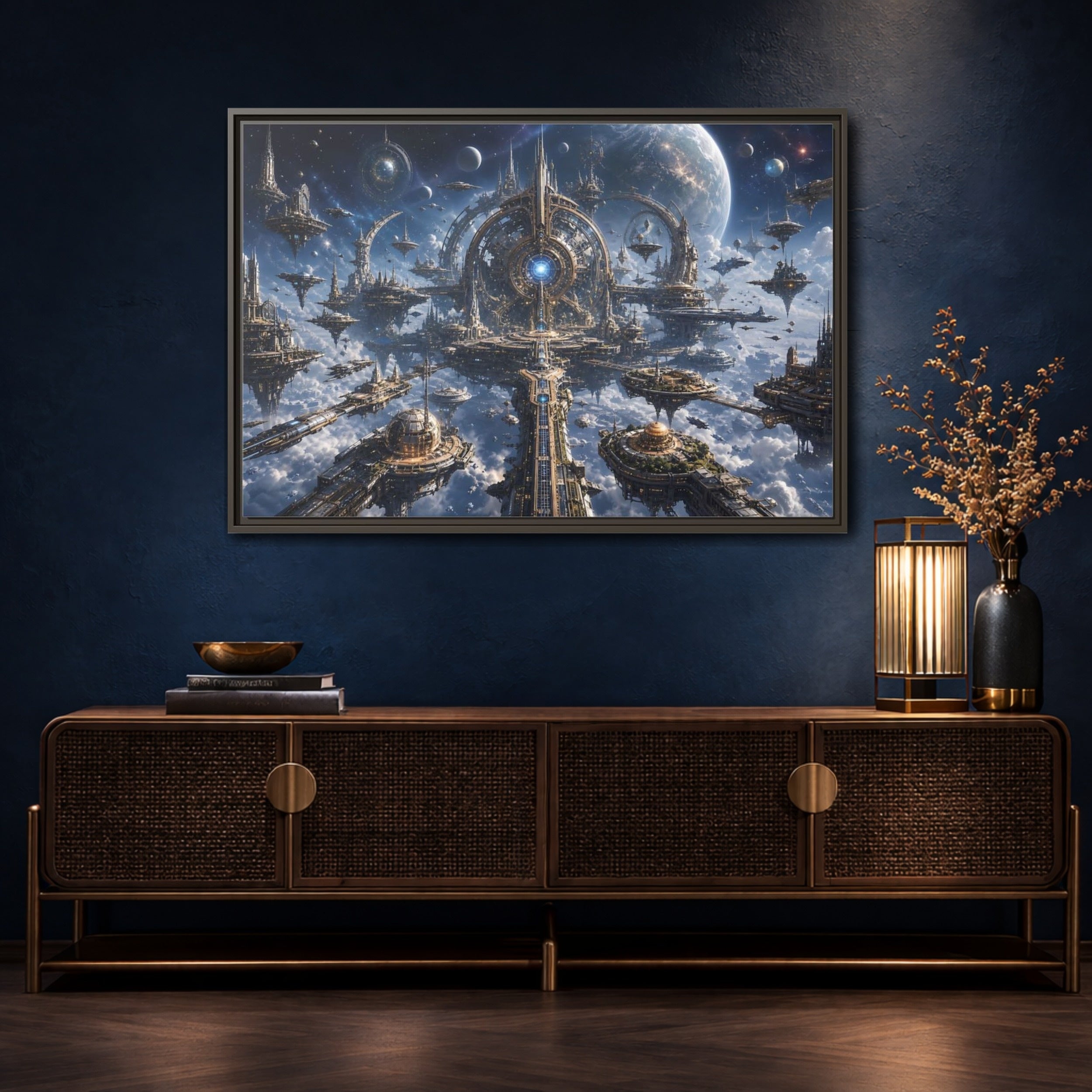 Mockup 4. Science Fiction Space City Blue Space City shown as stretched canvas wall art