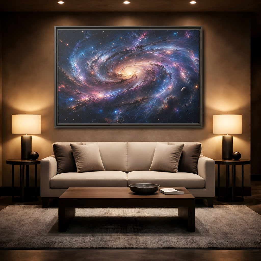 Mockup 2. Science Fiction Spiral Galaxy Colorful Galaxy shown as stretched canvas wall art