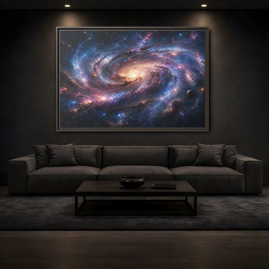 Mockup 3. Science Fiction Spiral Galaxy Colorful Galaxy shown as stretched canvas wall art