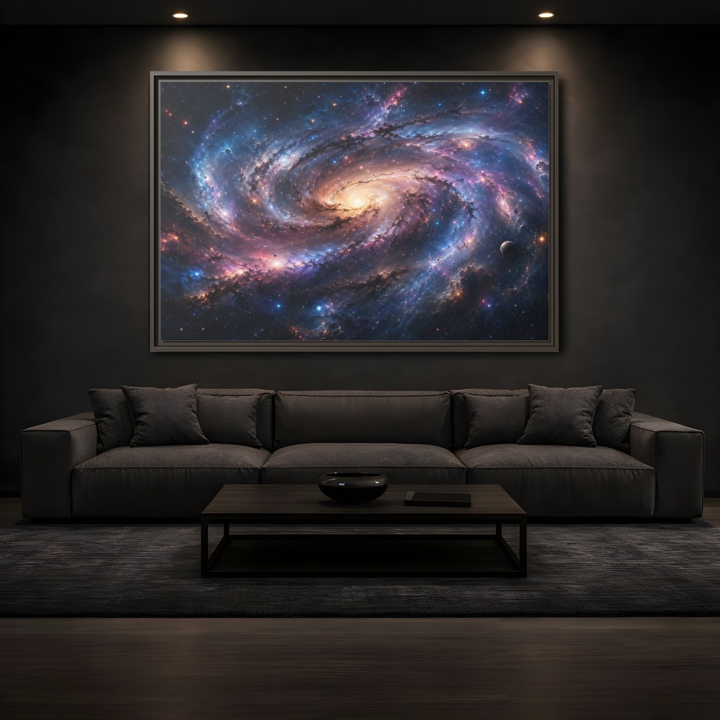 Mockup 3. Science Fiction Spiral Galaxy Colorful Galaxy shown as stretched canvas wall art