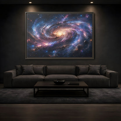 Mockup 3. Science Fiction Spiral Galaxy Colorful Galaxy shown as stretched canvas wall art
