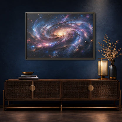 Mockup 4. Science Fiction Spiral Galaxy Colorful Galaxy shown as stretched canvas wall art