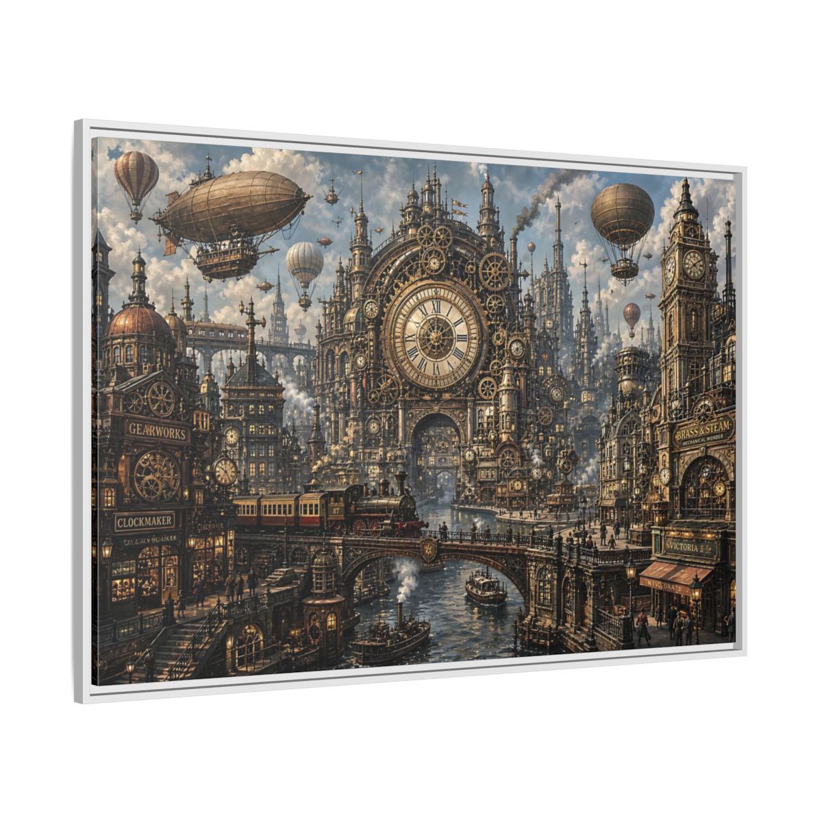 Side Mockup 7. Science Fiction Steampunk City Bronze Steampunk shown as stretched canvas wall art