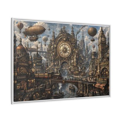 Side Mockup 7. Science Fiction Steampunk City Bronze Steampunk shown as stretched canvas wall art