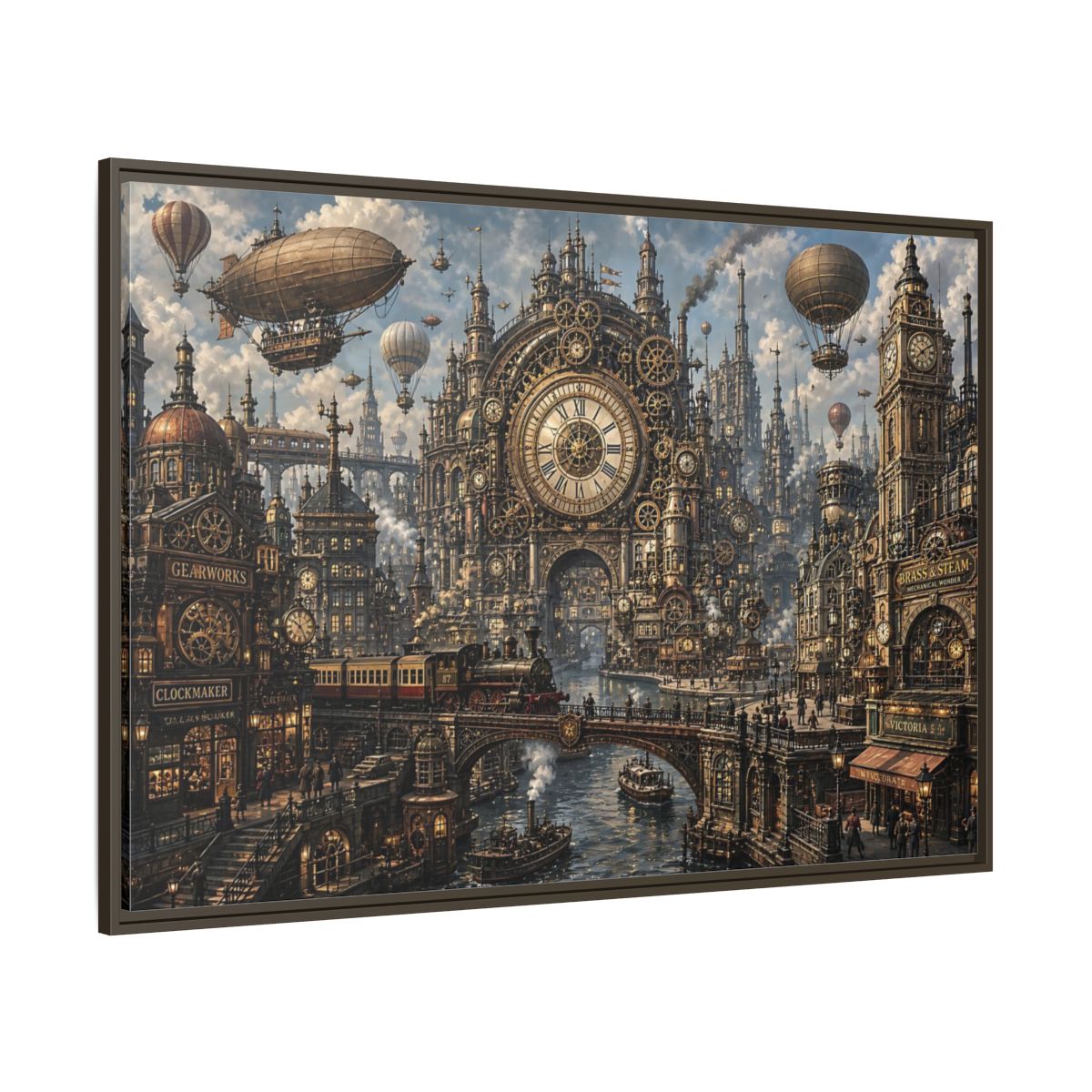 Side Mockup 8. Science Fiction Steampunk City Bronze Steampunk shown as stretched canvas wall art