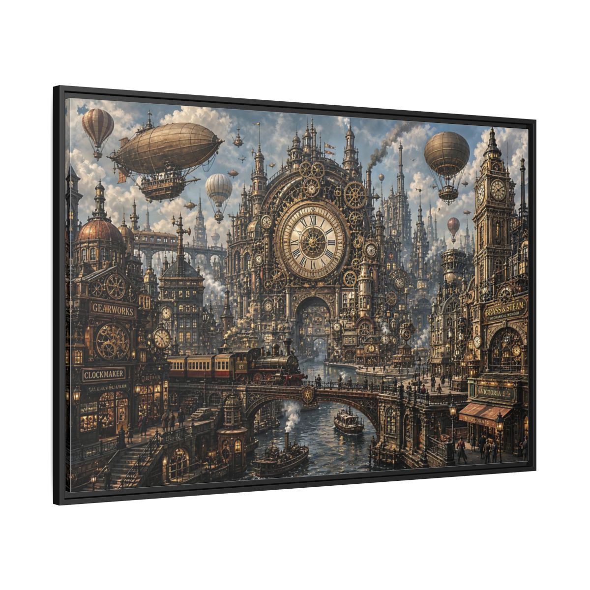 Side Mockup 12. Science Fiction Steampunk City Bronze Steampunk shown as stretched canvas wall art