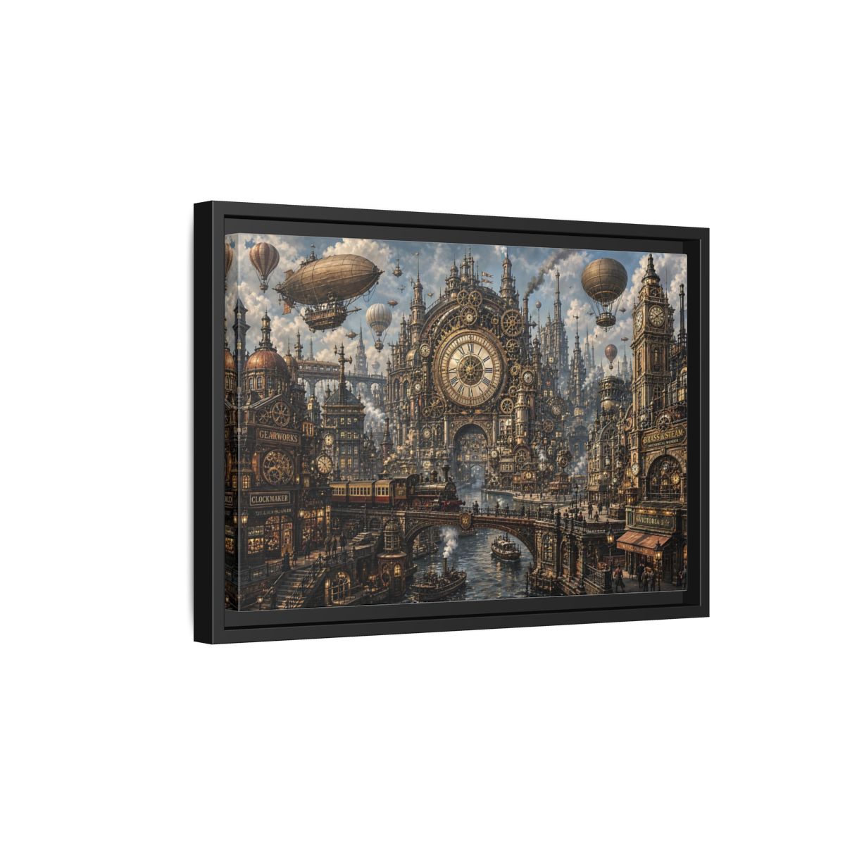Side Mockup 6. Science Fiction Steampunk City Bronze Steampunk shown as stretched canvas wall art