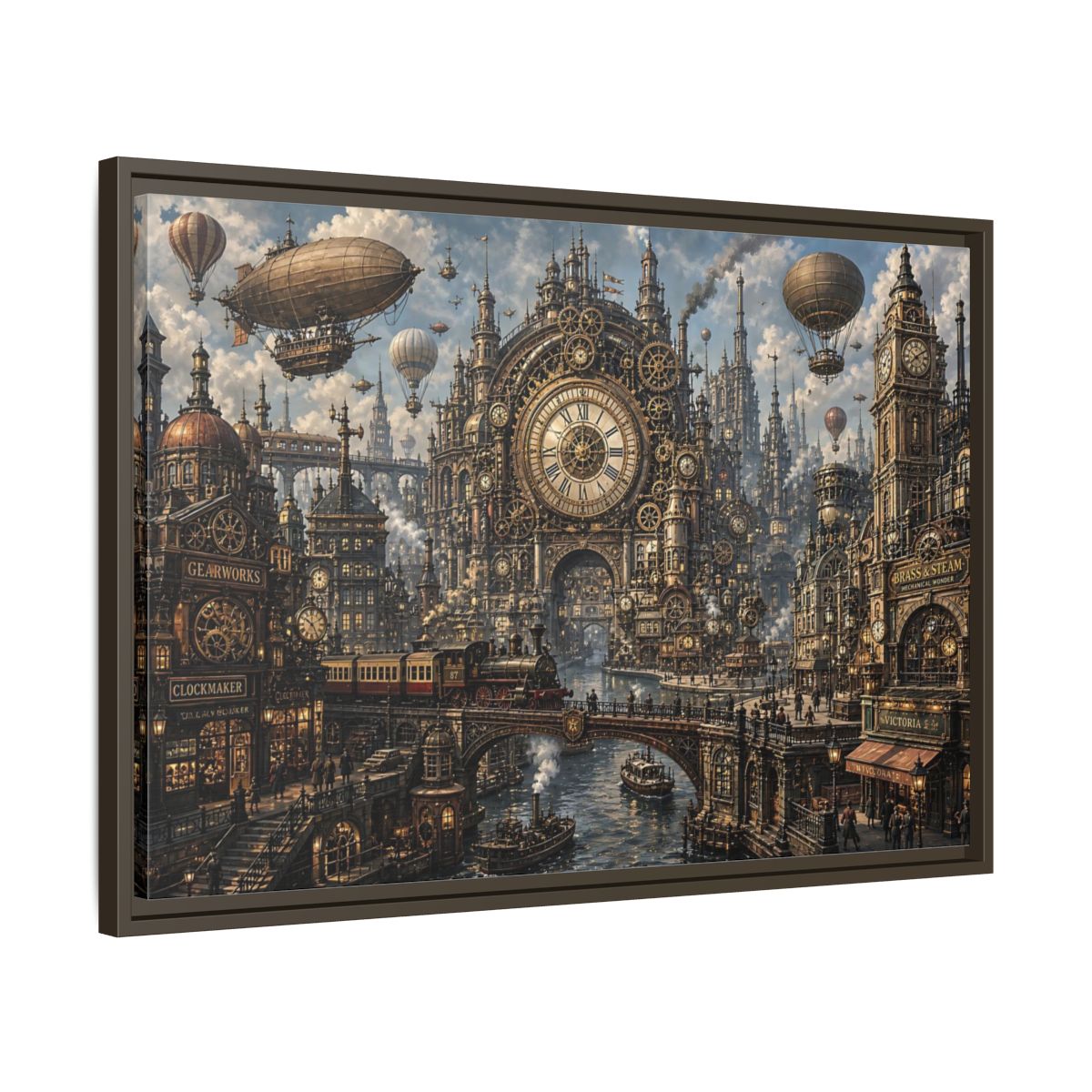 Side Mockup 11. Science Fiction Steampunk City Bronze Steampunk shown as stretched canvas wall art