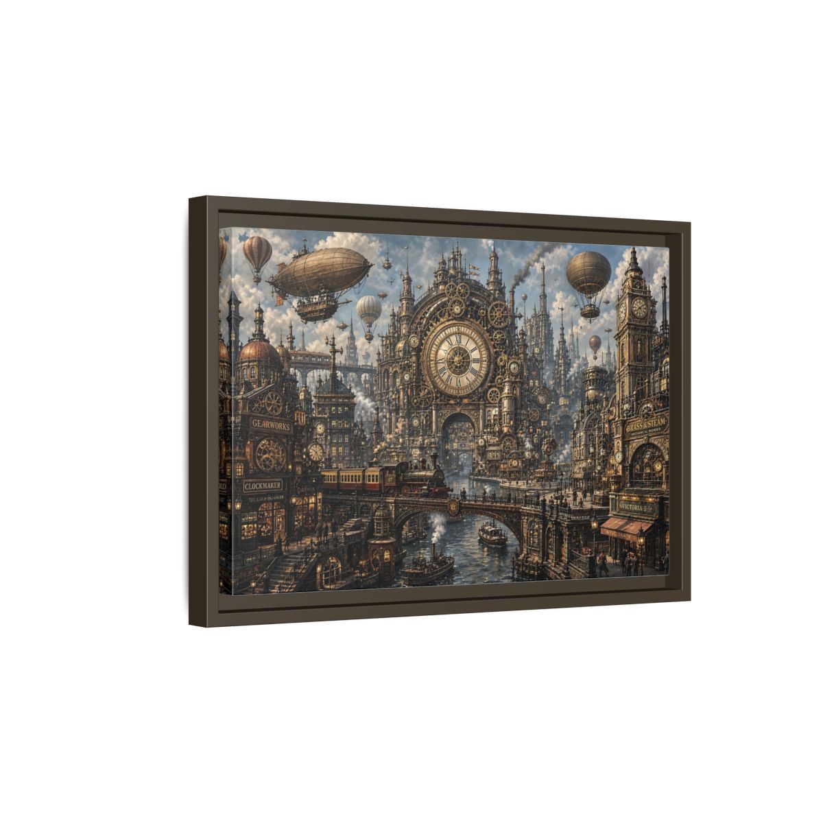Side Mockup 5. Science Fiction Steampunk City Bronze Steampunk shown as stretched canvas wall art