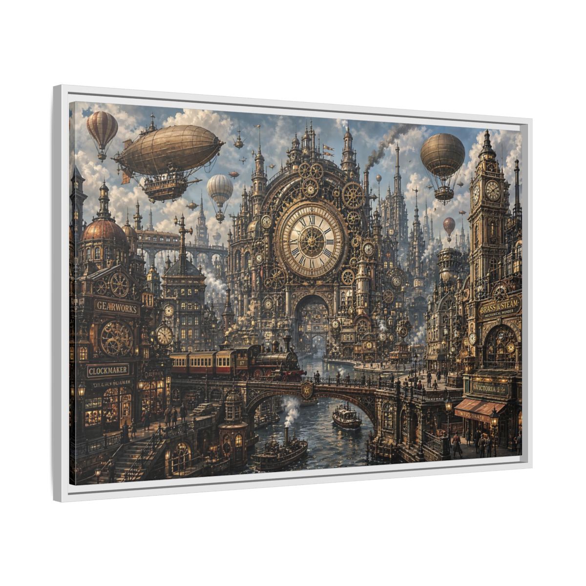 Side Mockup 9. Science Fiction Steampunk City Bronze Steampunk shown as stretched canvas wall art
