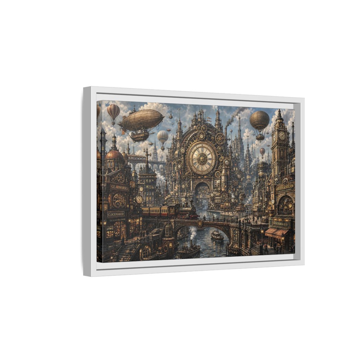 Side Mockup 4. Science Fiction Steampunk City Bronze Steampunk shown as stretched canvas wall art