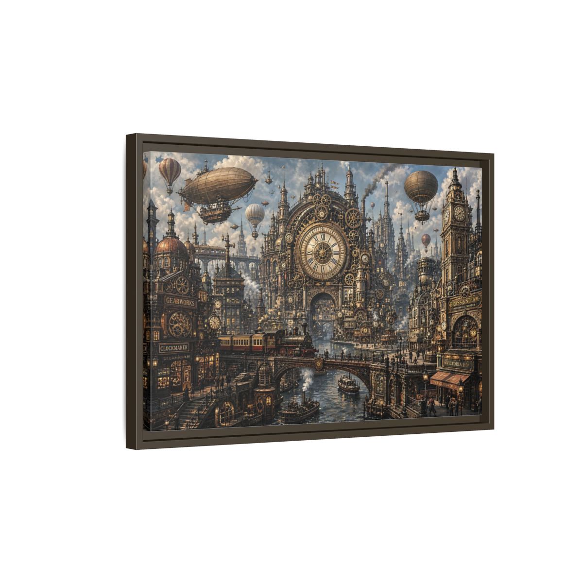 Side Mockup 2. Science Fiction Steampunk City Bronze Steampunk shown as stretched canvas wall art