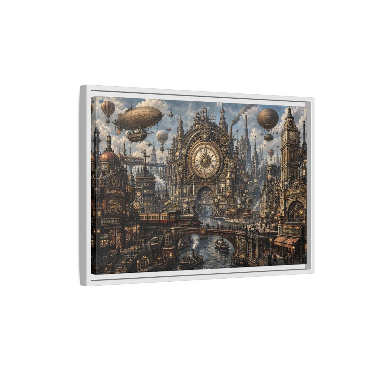 Side Mockup 1. Science Fiction Steampunk City Bronze Steampunk shown as stretched canvas wall art