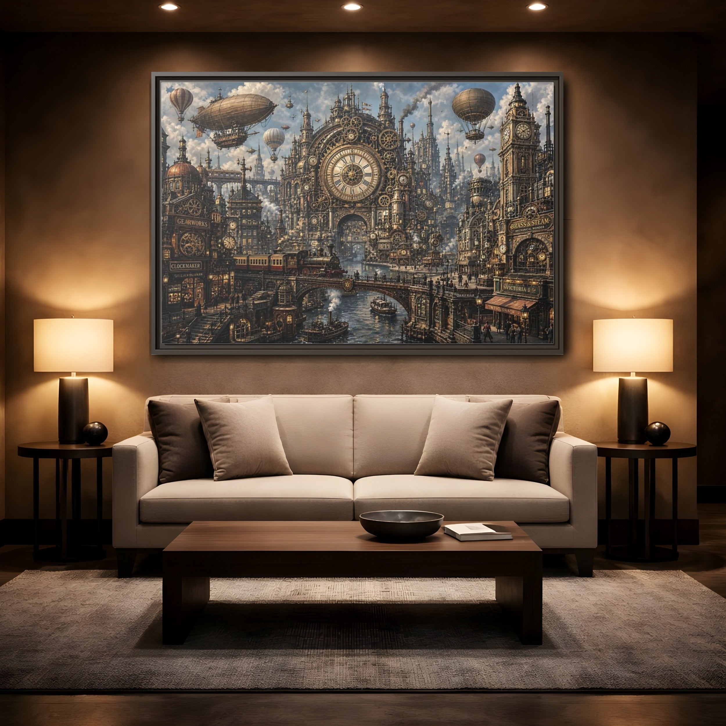 Mockup 2. Science Fiction Steampunk City Bronze Steampunk shown as stretched canvas wall art