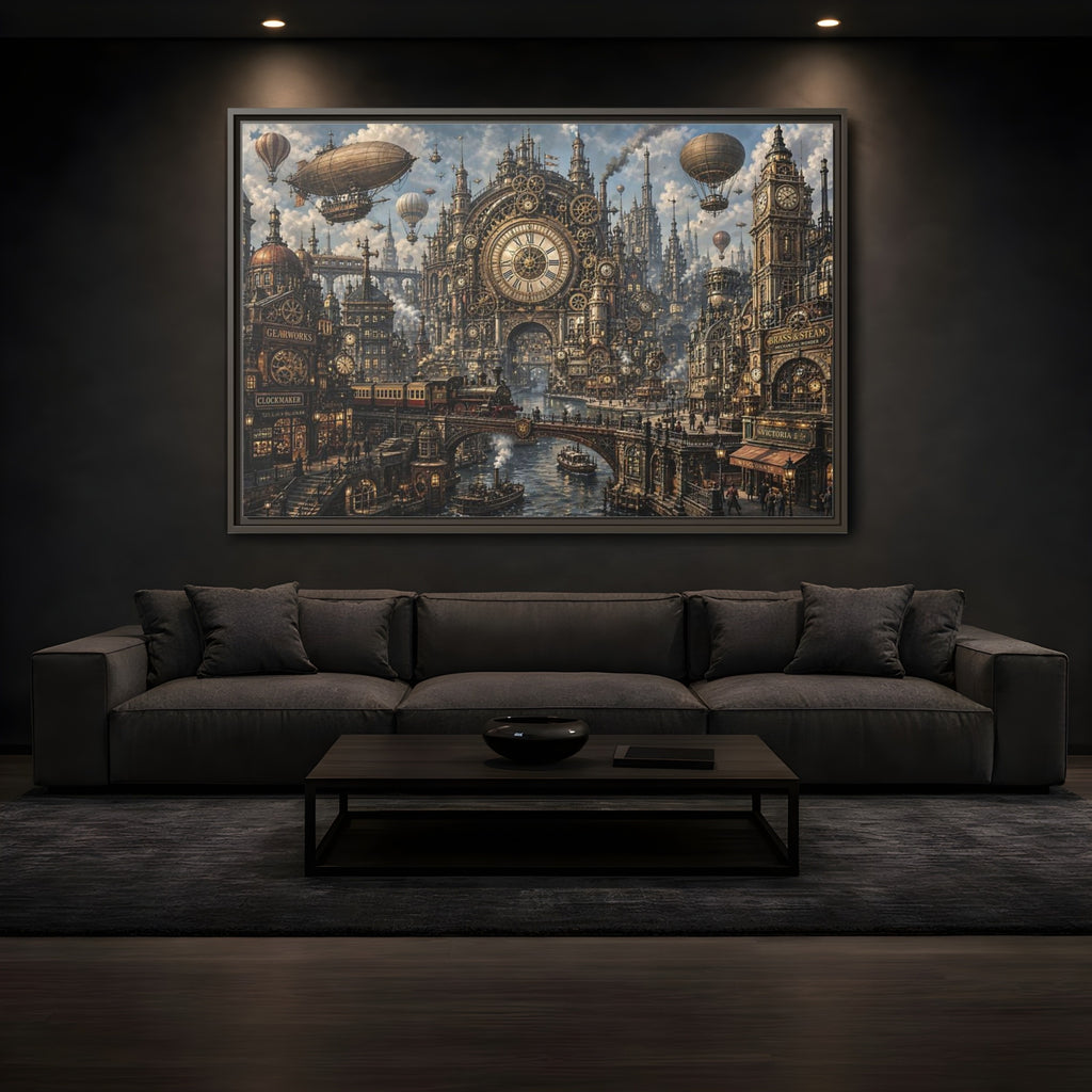 Mockup 3. Science Fiction Steampunk City Bronze Steampunk shown as stretched canvas wall art