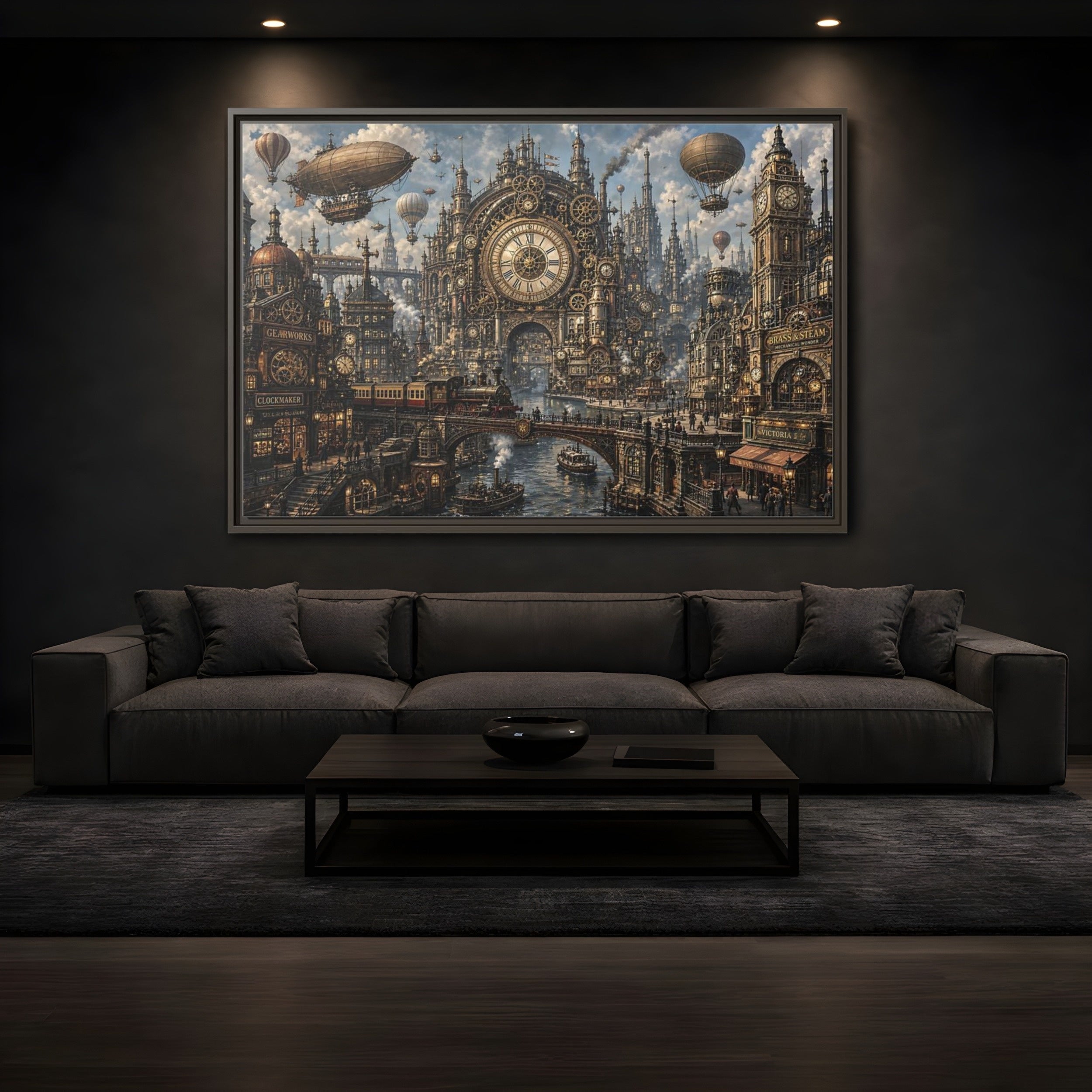 Mockup 3. Science Fiction Steampunk City Bronze Steampunk shown as stretched canvas wall art