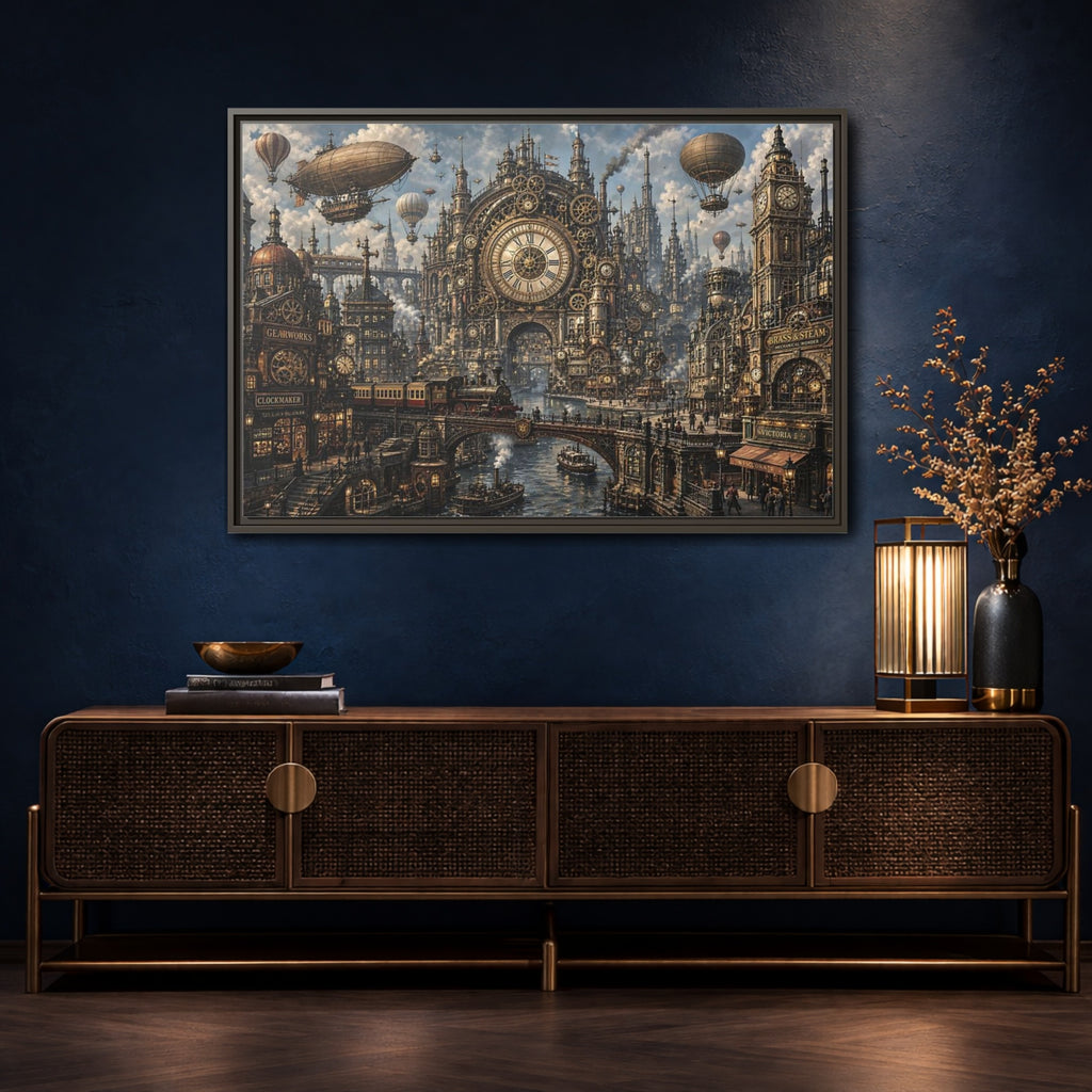Mockup 4. Science Fiction Steampunk City Bronze Steampunk shown as stretched canvas wall art