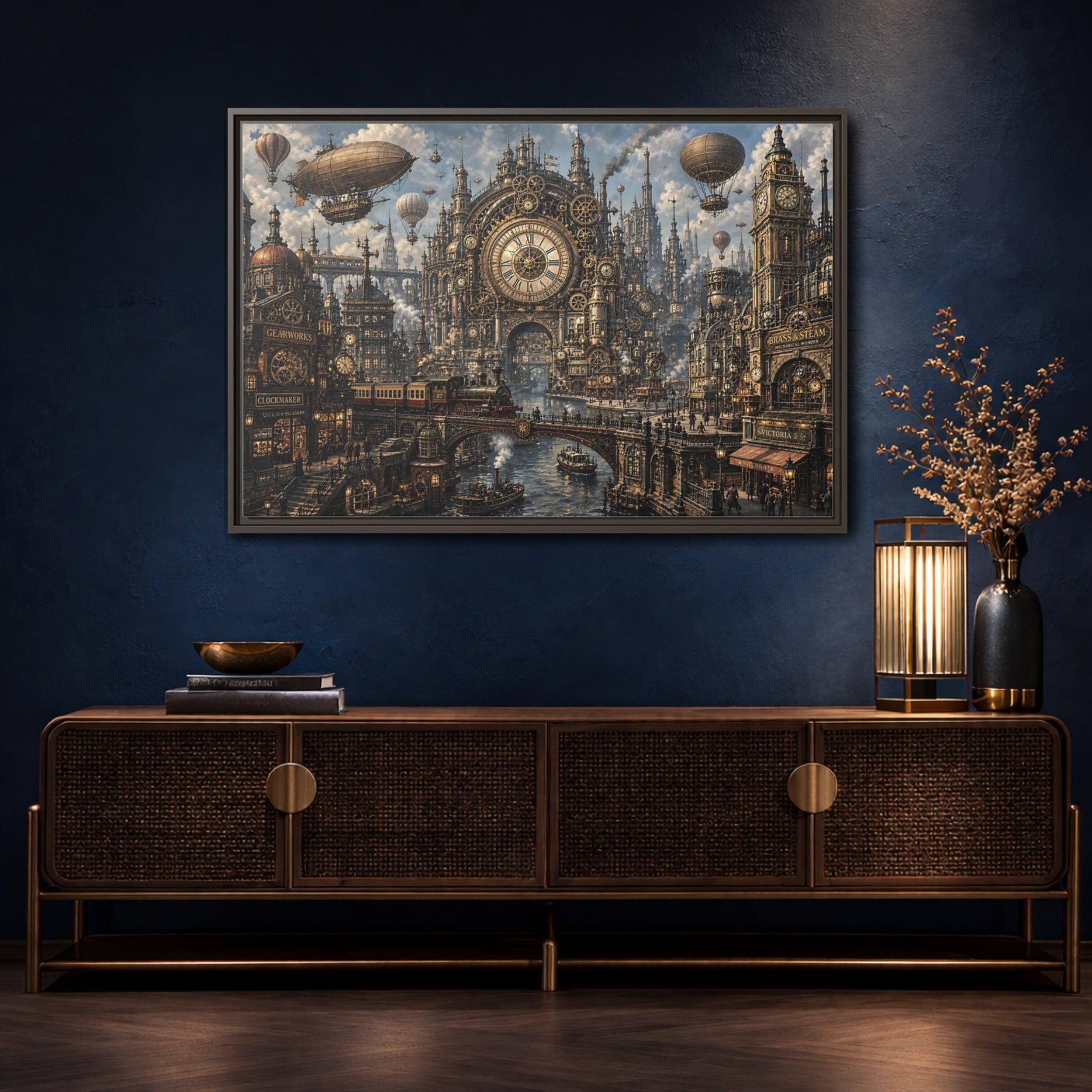Mockup 4. Science Fiction Steampunk City Bronze Steampunk shown as stretched canvas wall art
