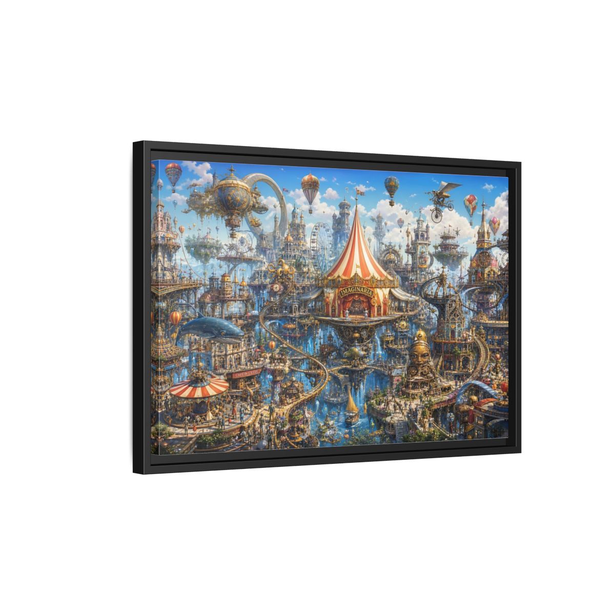 Side Mockup 3. Science Fiction Steampunk City Steampunk Cityscape shown as stretched canvas wall art